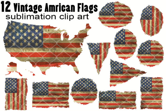 12 Vintage Retro US Flag Sublimation Graphics